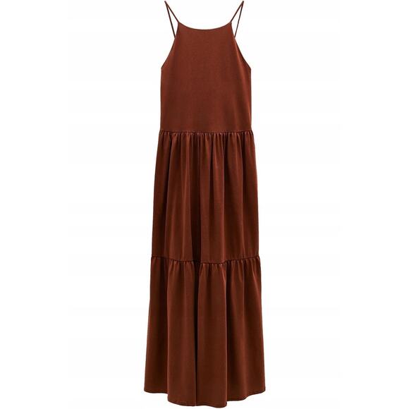 Zara Tiered Cotton Maxi Dress Terracotta Brick Backless Spaghetti Strap Midaxi - Picture 10 of 10